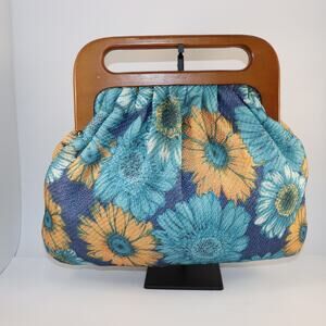 Vintage INS Floral Tapestry Wooden Handle Clutch Purse